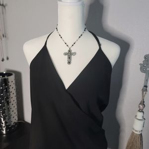 Cross Necklace, Silver, Black beaded